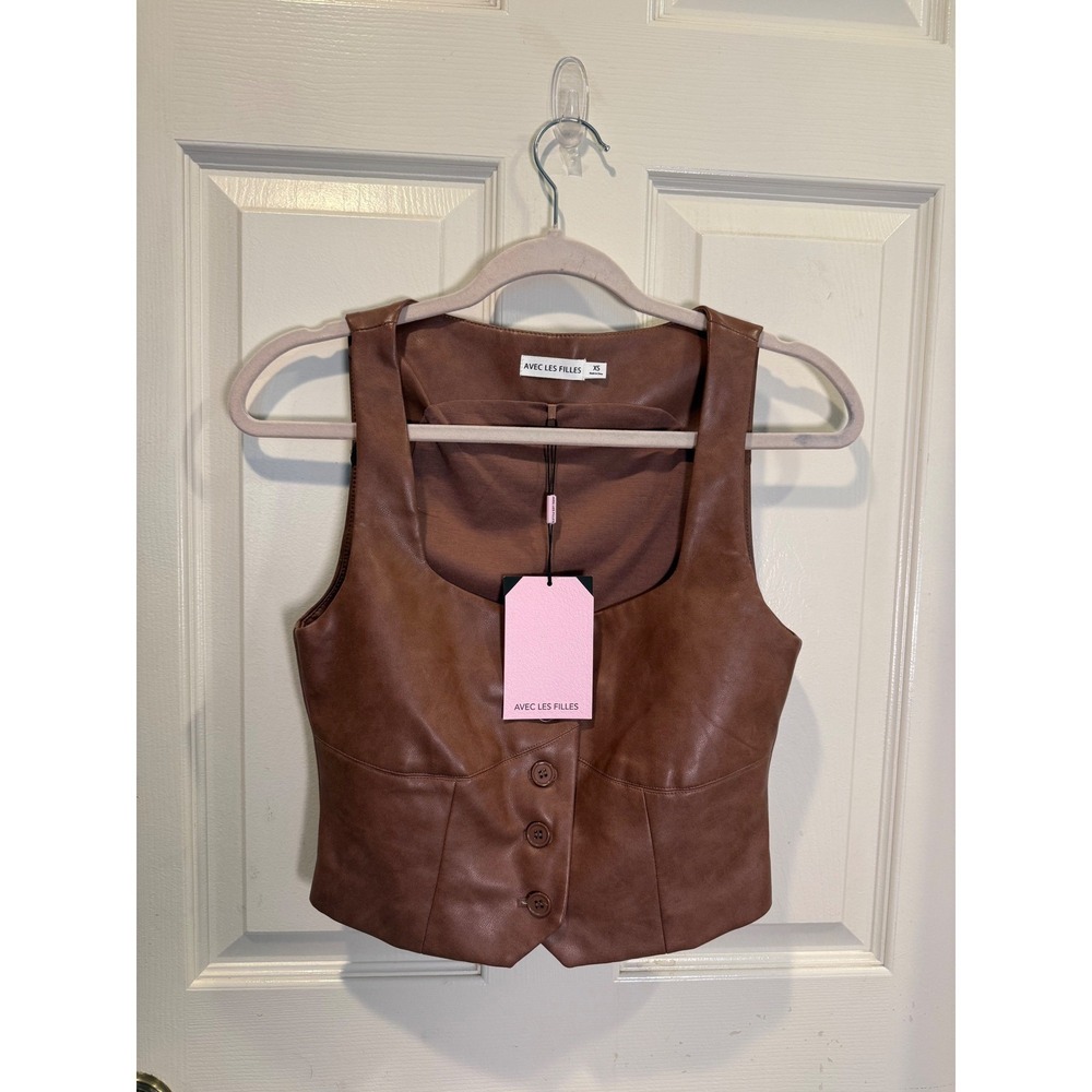 Avec Les Filles Brown Faux Leather Square Neck Button Front Cropped Vest Size XS